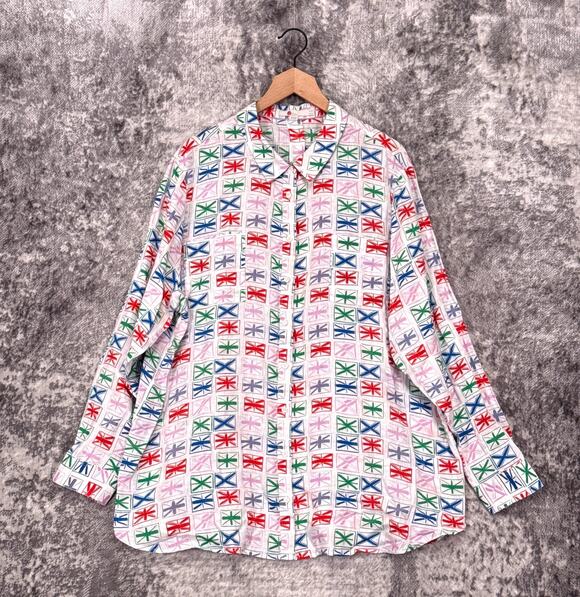 Boden Tops - Boden 100% Linen Button Down Shirt Top 18 L Long Womens Flag Print